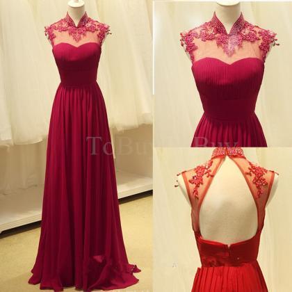 Alluring Wine Red Lace Appliques High-neck Sleeveless Full Length Prom ...