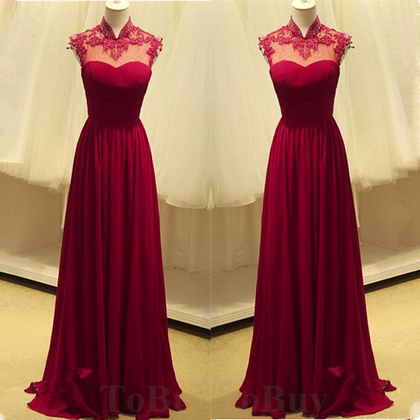 Alluring Wine Red Lace Appliques High-neck Sleeveless Full Length Prom Dress Wedding Party Dress Long Formal Dress