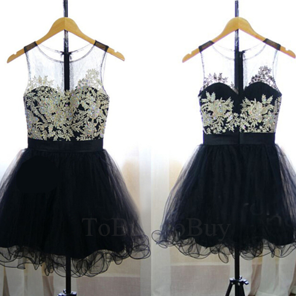 Embroidery Appliques Black Sheering Round Neckline Party Dress Prom Dress