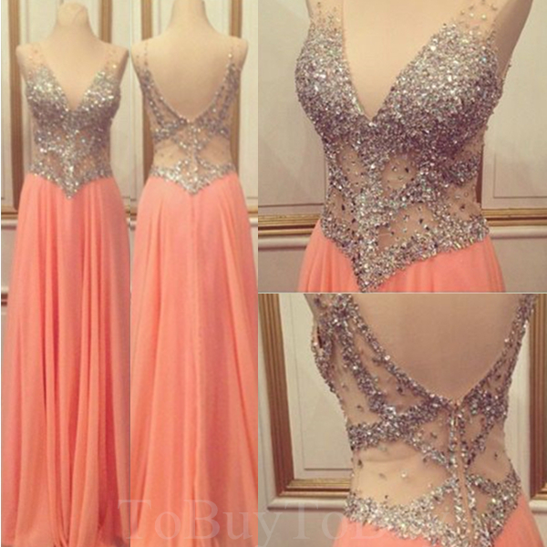 Sheering Sequins Beaded Light Coral V-neck Floor Length Prom Dress Formal Dress