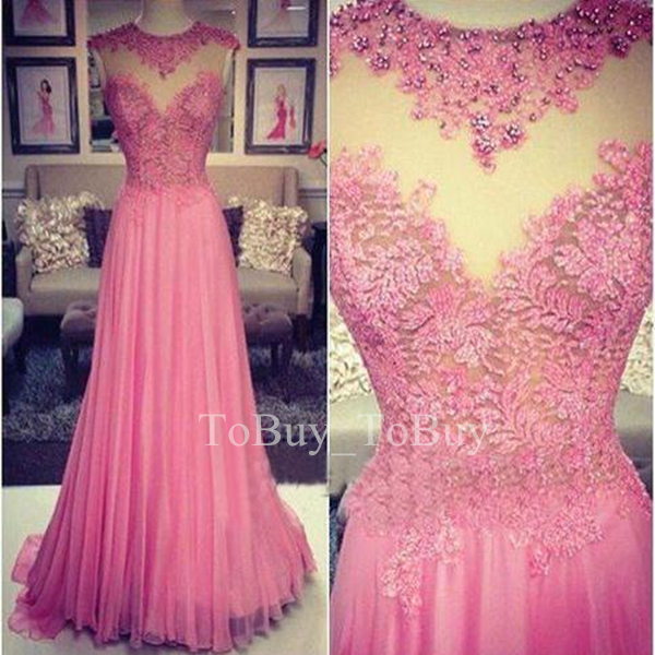 Glamorous Fuchsia Lace Appliques Sheering Round Neckline Floor Length Prom Dress Wedding Party Dress
