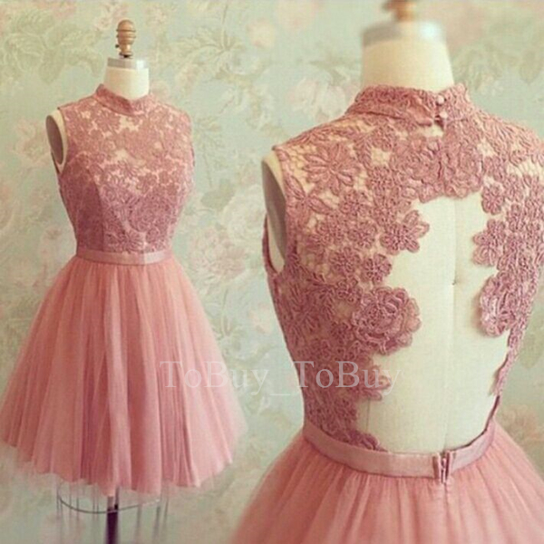 Mini Pearl Pink Lace Appliques High-neck Ball Gown Short Prom Dress Graduation Dress Wedding Party Dress