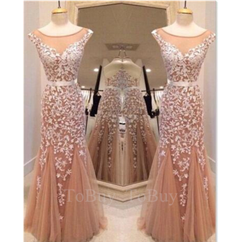 White Lace Appliques Sheering Champagne Round Neckline Floor Length Prom Dress Wedding Dress