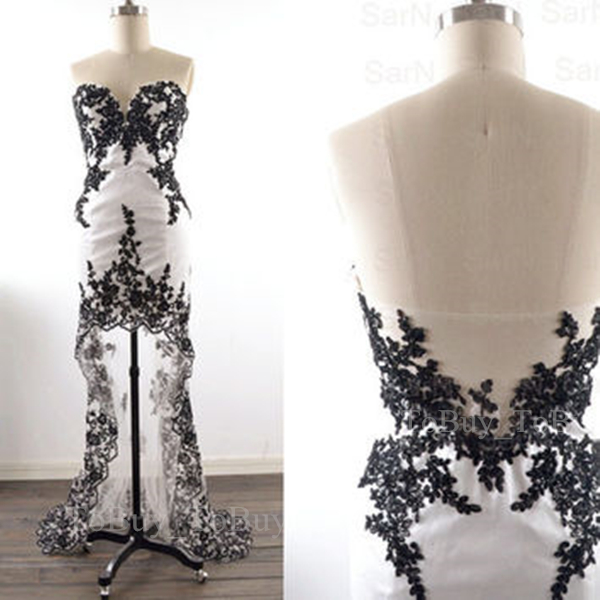 High-low Black Lace Appliques White Sweetheart Neckline Prom Dress With Tulle Train