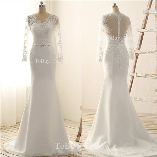 Alluring V-neck White Lace Appliques Long Sleeves Sweep Train Wedding Dress Prom Dress With Zipper Back