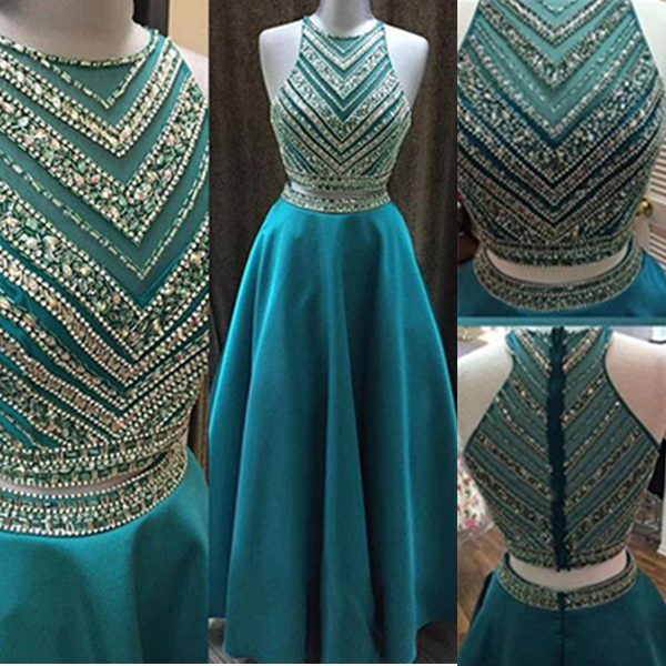 Unique Shiny Beaded Dark Turquoise A-line High Neck Two-piece Prom ...